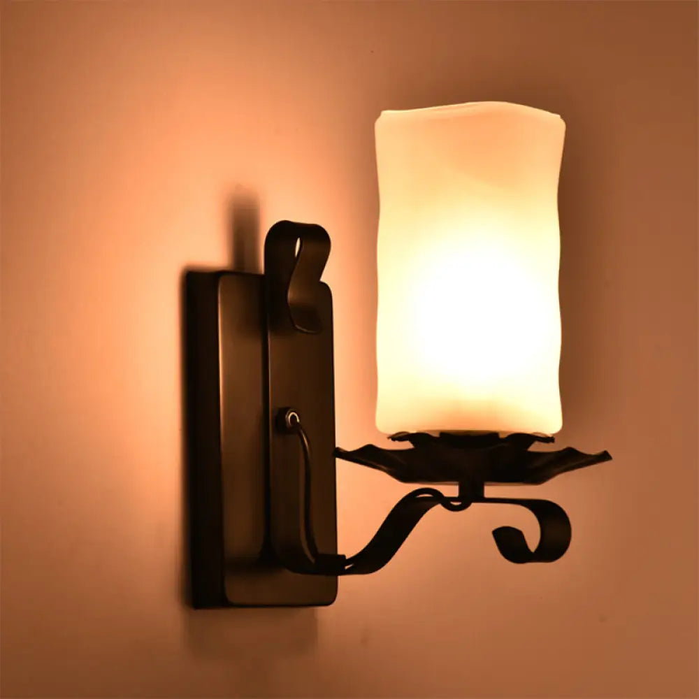 DecorBites™ Candle/Kerosene Wall Lamp with Scroll Arm in Black - Loft Style, White/Brown Glass, 1-bulb