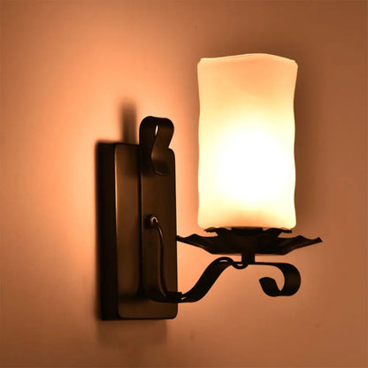DecorBites™ Candle/Kerosene Wall Lamp with Scroll Arm in Black - Loft Style, White/Brown Glass, 1-bulb