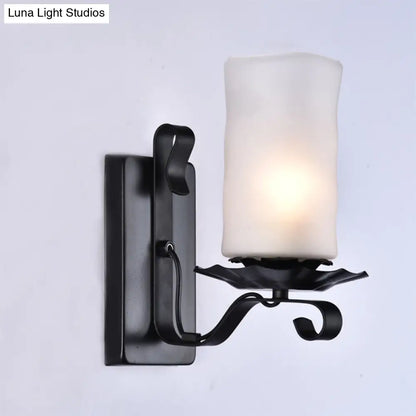 DecorBites™ Candle/Kerosene Wall Lamp with Scroll Arm in Black - Loft Style, White/Brown Glass, 1-bulb