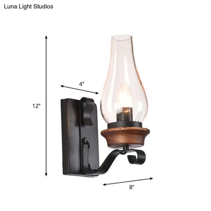 DecorBites™ Candle/Kerosene Wall Lamp with Scroll Arm in Black - Loft Style, White/Brown Glass, 1-bulb