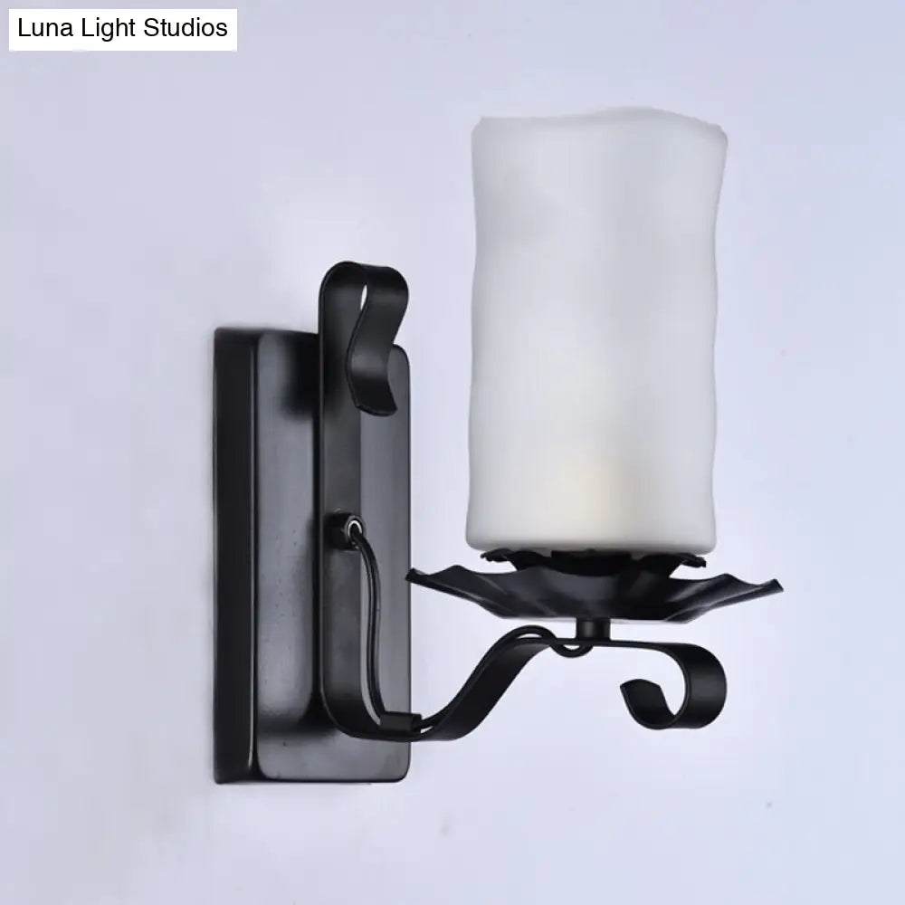 DecorBites™ Candle/Kerosene Wall Lamp with Scroll Arm in Black - Loft Style, White/Brown Glass, 1-bulb