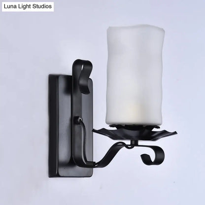 DecorBites™ Candle/Kerosene Wall Lamp with Scroll Arm in Black - Loft Style, White/Brown Glass, 1-bulb
