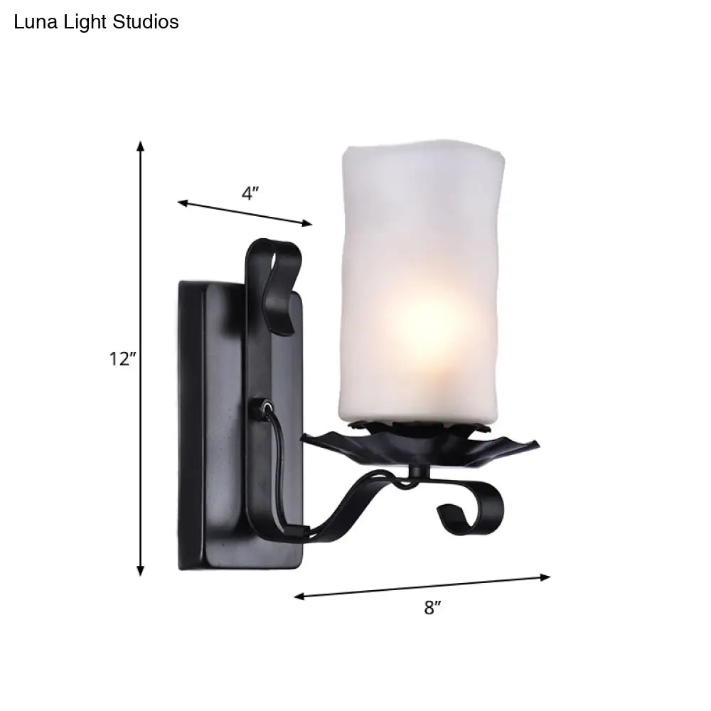 DecorBites™ Candle/Kerosene Wall Lamp with Scroll Arm in Black - Loft Style, White/Brown Glass, 1-bulb