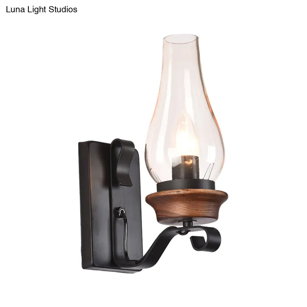 DecorBites™ Candle/Kerosene Wall Lamp with Scroll Arm in Black - Loft Style, White/Brown Glass, 1-bulb