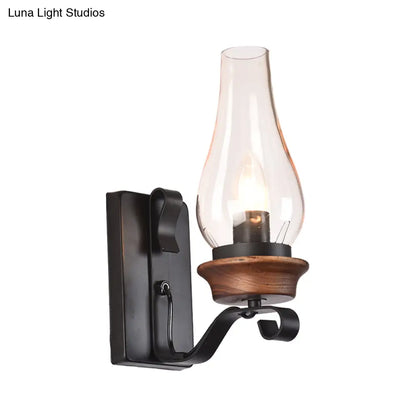 DecorBites™ Candle/Kerosene Wall Lamp with Scroll Arm in Black - Loft Style, White/Brown Glass, 1-bulb