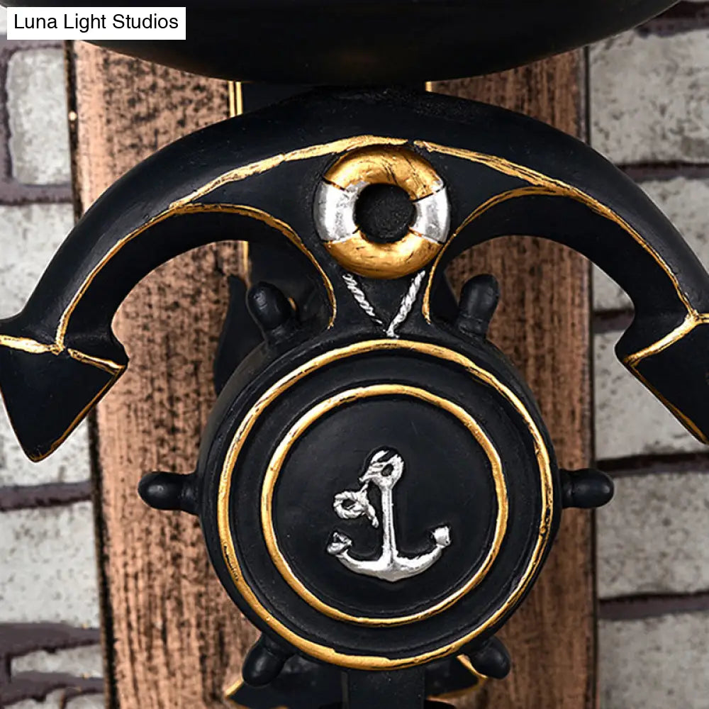 Candle Wall Lamp - Country Style Opal Glass Sconce with 1/2-Bulb: Black & Gold Resin Anchor Design