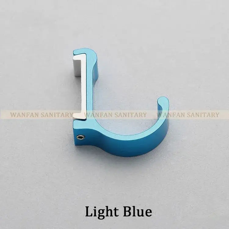 Light blue metallic candy color metal wall hook with curved design and flat rectangular clip for bathroom towels and coats