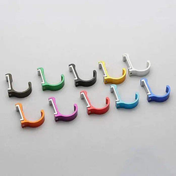 A set of decorbites candy color metal l-shaped wall hooks in black green yellow silver blue orange and purple for bathroom towels and coats