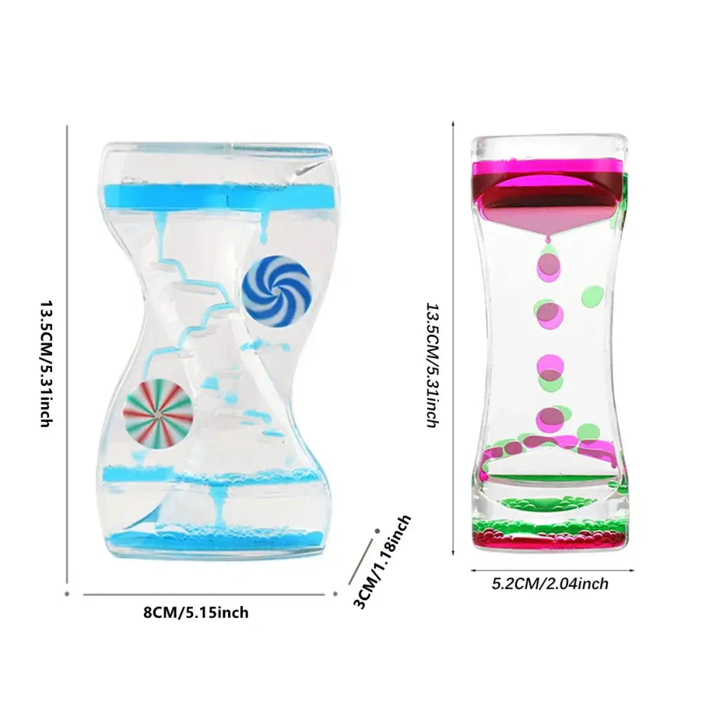 Clear glass liquid motion sand timer with blue and green swirling liquids and candy-themed decor for living room
