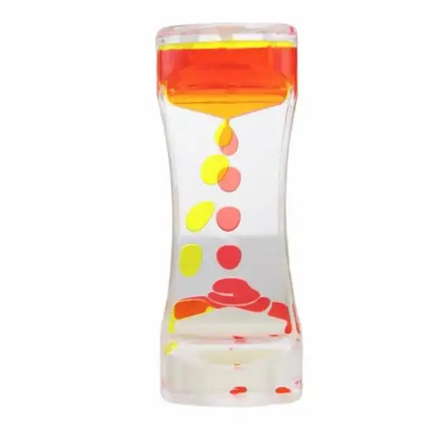 Clear glass candy liquid motion sand timer with colorful swirling liquid and orange yellow red spheres for living room decor