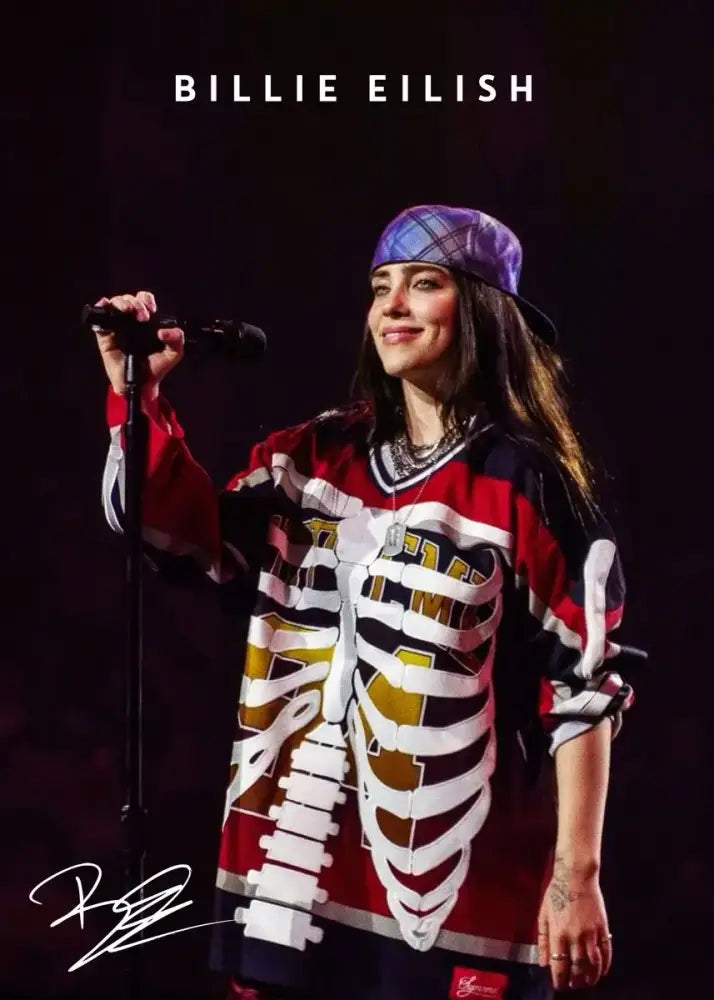 Decorbites singer b-billies canvas art print features billie eilish in a red black and white skeleton hockey jersey for home decor