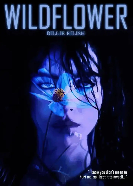 Blue-toned canvas art of singer b-billies wildflower with glowing lighting and flower detail for stylish home decor
