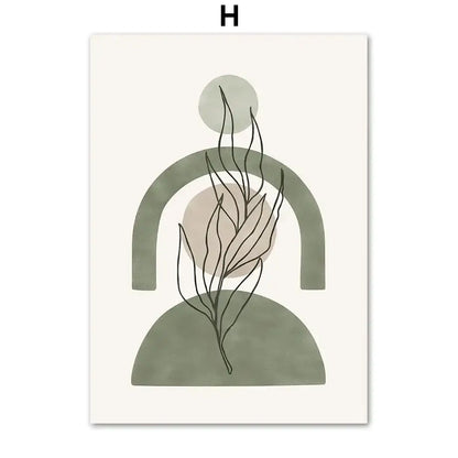 Minimalist abstract geometric wall art print with stylized leaves vintage boho in muted sage green and beige tones