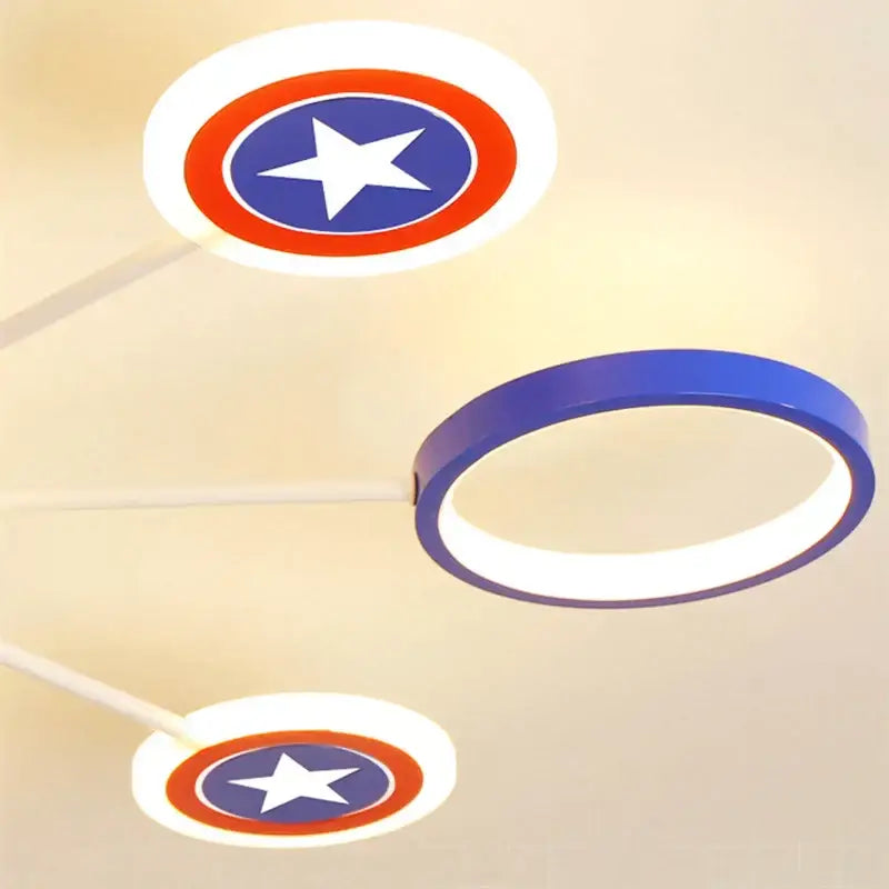 Captain america shield-themed led ceiling light with blue red and white illuminated decorbites led ceiling design for bedroom