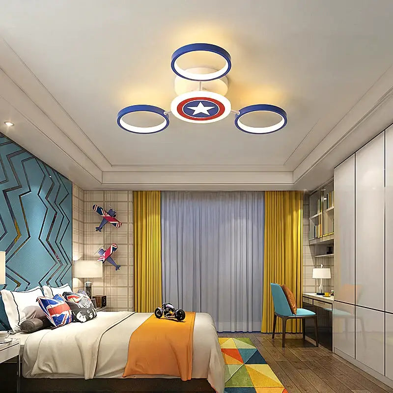 Captain America shield blue and white LED ceiling light featuring a circular design for bedroom decorbites LED ceiling light