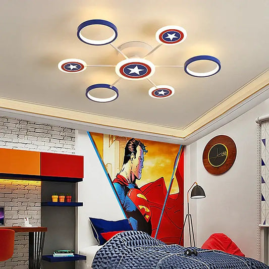 Captain America shield blue and white LED ceiling light with circular rings and metallic arms for bedroom decorbites LED ceiling light
