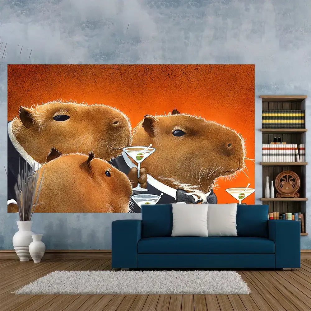 Vibrant orange tapestry featuring three capybaras in formal attire holding martini glasses for capybara club humor decorbites capybara club wall decor