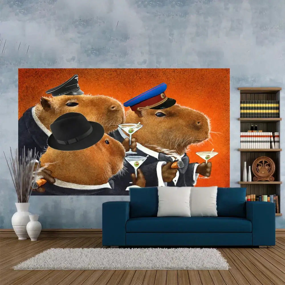 Vibrant orange capybara club humor tapestry featuring three capybaras in formal attire with martini glasses wall decor