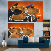 Orange-toned canvas tapestry featuring capybara club humor with three formally dressed capybaras holding martini glasses
