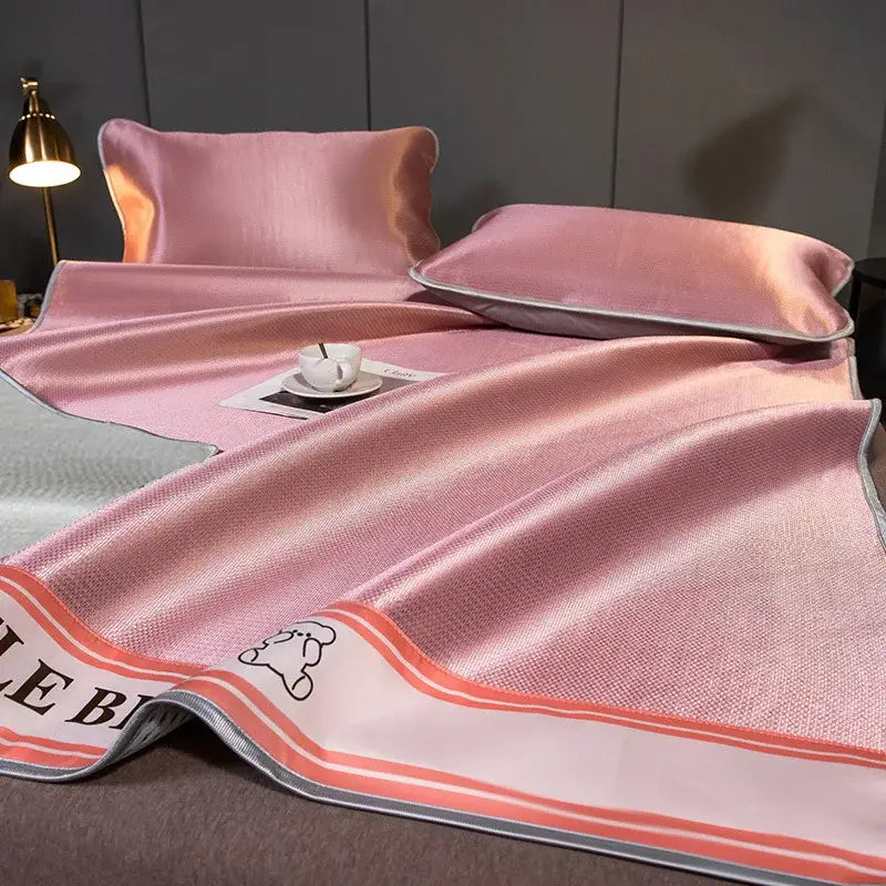 Pink satin bedspread with textured weave and coral gray striped bear design borders for decorbites carbon light cooling mat set
