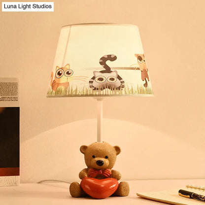 Cartoon 1-Head Brown Fabric Empire Shade Table Lamp: Adorable Bear and Heart Design for Nightstands
