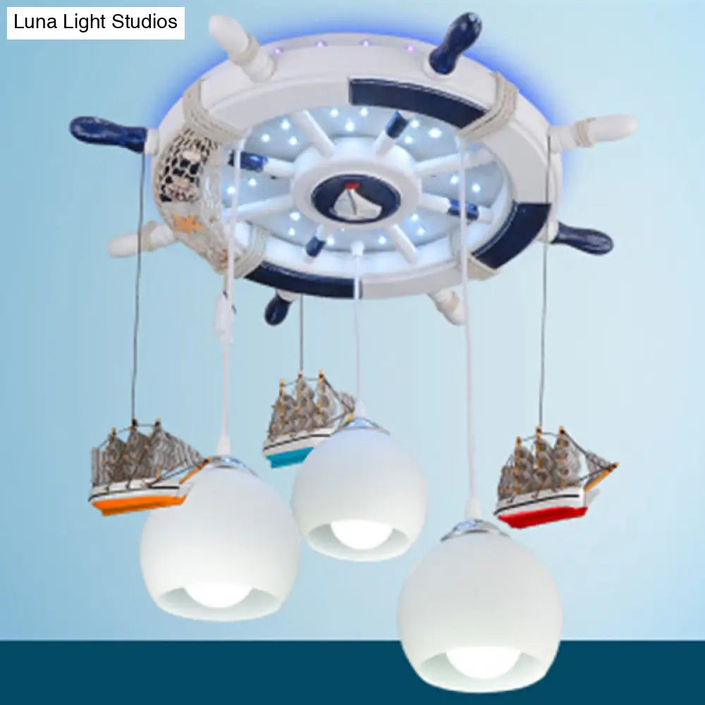 DecorBites™ DecorBites™ Cartoon 3 Bulb Cream Glass Dome Ceiling Light – Flush Mount with Rudder Canopy (White)