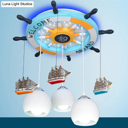 DecorBites™ DecorBites™ Cartoon 3 Bulb Cream Glass Dome Ceiling Light – Flush Mount with Rudder Canopy (White)