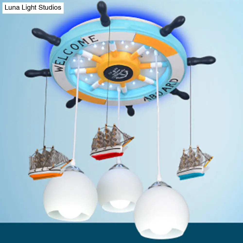 DecorBites™ DecorBites™ Cartoon 3 Bulb Cream Glass Dome Ceiling Light – Flush Mount with Rudder Canopy (White)