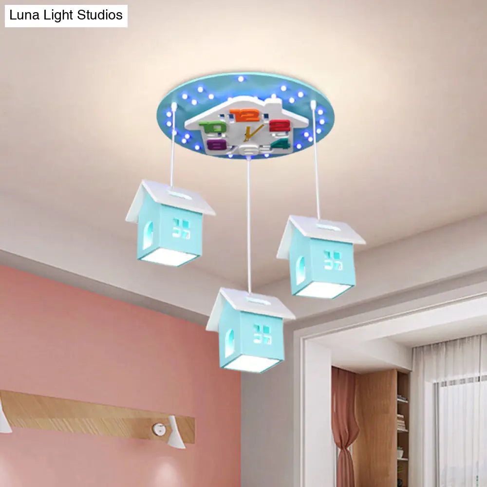 DecorBites™ DecorBites™ Cartoon 3-Bulb Wood Draping House Ceiling Light Fixture in Pink/Blue
