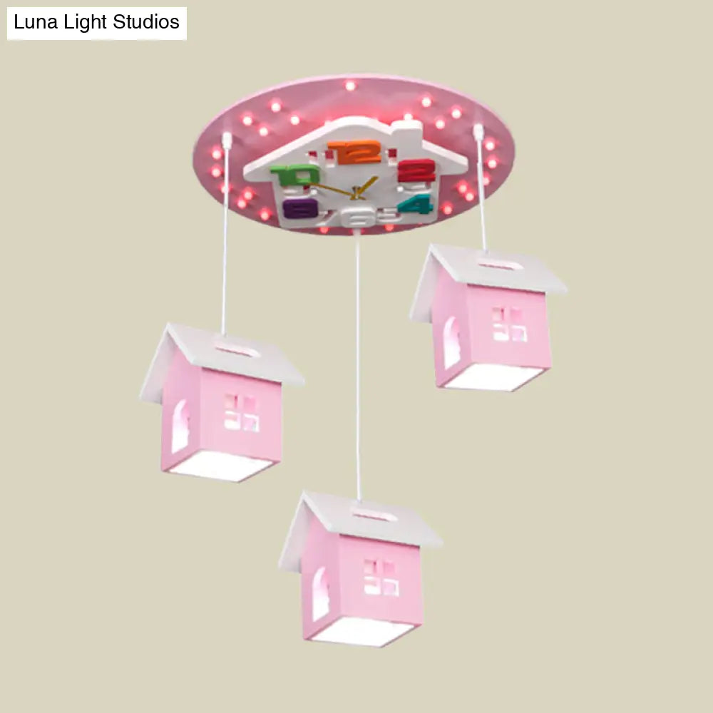 DecorBites™ DecorBites™ Cartoon 3-Bulb Wood Draping House Ceiling Light Fixture in Pink/Blue