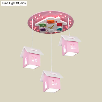 DecorBites™ DecorBites™ Cartoon 3-Bulb Wood Draping House Ceiling Light Fixture in Pink/Blue