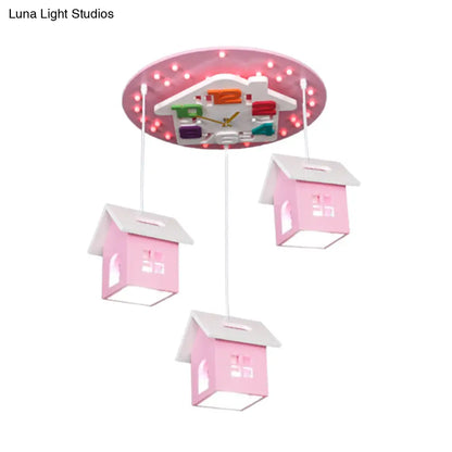DecorBites™ DecorBites™ Cartoon 3-Bulb Wood Draping House Ceiling Light Fixture in Pink/Blue