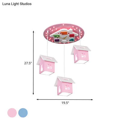 DecorBites™ DecorBites™ Cartoon 3-Bulb Wood Draping House Ceiling Light Fixture in Pink/Blue