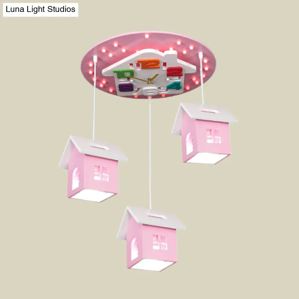 DecorBites™ DecorBites™ Cartoon 3-Bulb Wood Draping House Ceiling Light Fixture in Pink/Blue