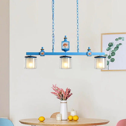 DecorBites™ Cartoon 3 Bulbs Island Pendant Light with Dual Cylinder Pendulum Sky/Water Blue Glass Shades