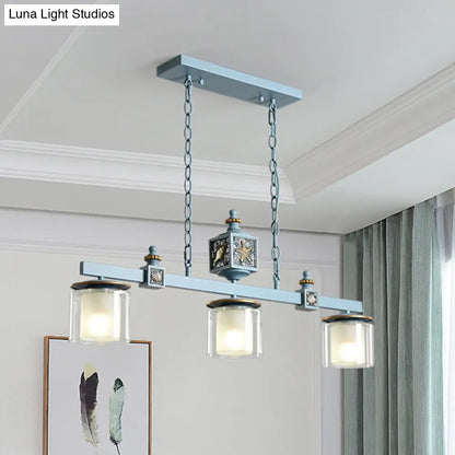 DecorBites™ Cartoon 3 Bulbs Island Pendant Light with Dual Cylinder Pendulum Sky/Water Blue Glass Shades