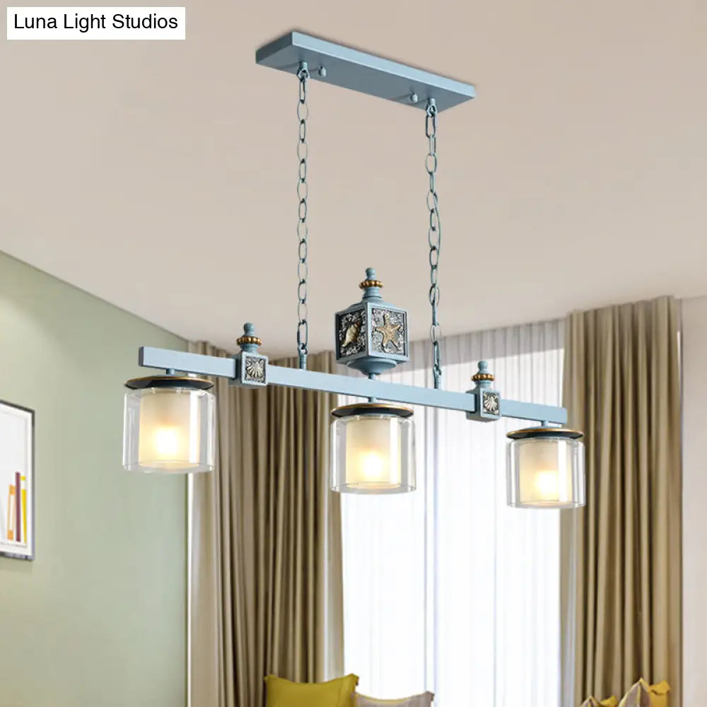 DecorBites™ Cartoon 3 Bulbs Island Pendant Light with Dual Cylinder Pendulum Sky/Water Blue Glass Shades