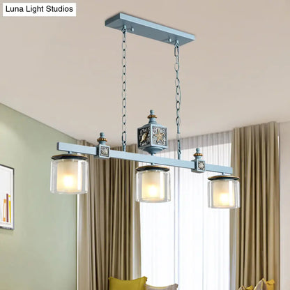 DecorBites™ Cartoon 3 Bulbs Island Pendant Light with Dual Cylinder Pendulum Sky/Water Blue Glass Shades