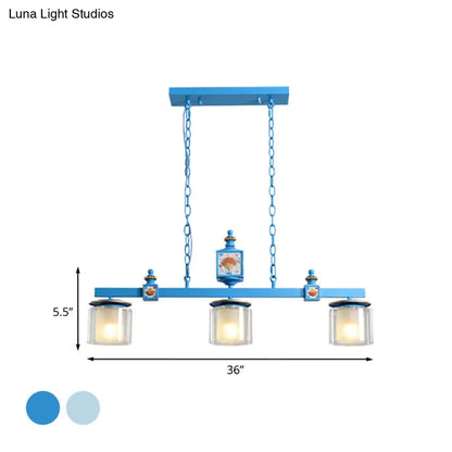 DecorBites™ Cartoon 3 Bulbs Island Pendant Light with Dual Cylinder Pendulum Sky/Water Blue Glass Shades