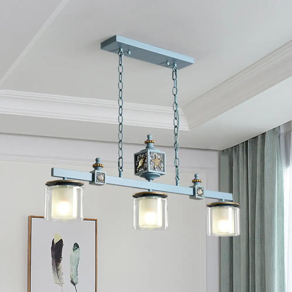DecorBites™ Cartoon 3 Bulbs Island Pendant Light with Dual Cylinder Pendulum Sky/Water Blue Glass Shades