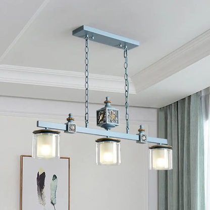 DecorBites™ Cartoon 3 Bulbs Island Pendant Light with Dual Cylinder Pendulum Sky/Water Blue Glass Shades