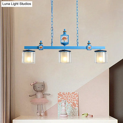 DecorBites™ Cartoon 3 Bulbs Island Pendant Light with Dual Cylinder Pendulum Sky/Water Blue Glass Shades