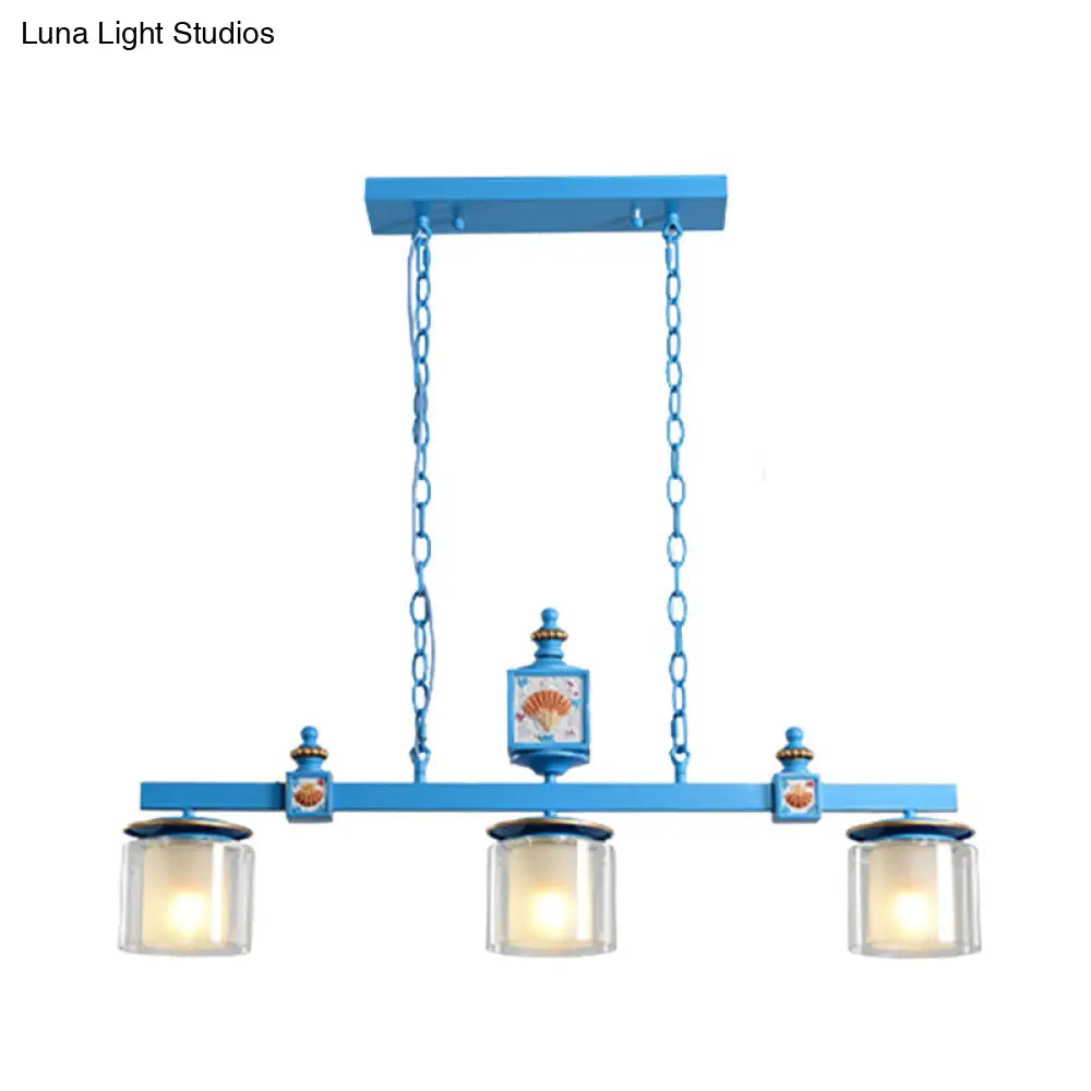 DecorBites™ Cartoon 3 Bulbs Island Pendant Light with Dual Cylinder Pendulum Sky/Water Blue Glass Shades