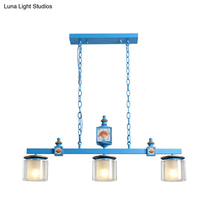 DecorBites™ Cartoon 3 Bulbs Island Pendant Light with Dual Cylinder Pendulum Sky/Water Blue Glass Shades