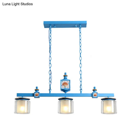 DecorBites™ Cartoon 3 Bulbs Island Pendant Light with Dual Cylinder Pendulum Sky/Water Blue Glass Shades