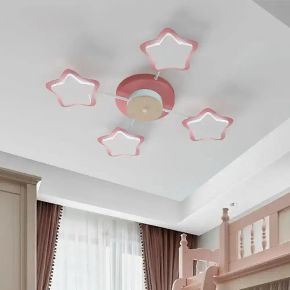 Pink blue cartoon acrylic pink star led flush mount ceiling light fixture with glowing white inner panels for bedroom