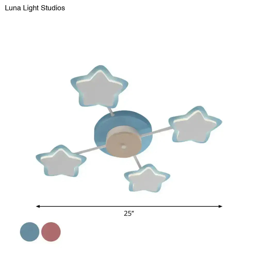 Blue star-shaped cartoon acrylic pink blue led flush mount ceiling light with five illuminated stars for bedroom