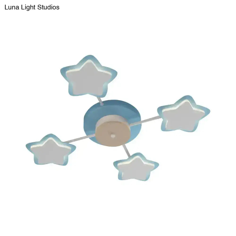 Cartoon acrylic pink blue star led flush mount ceiling light fixture with central circular base for bedroom use