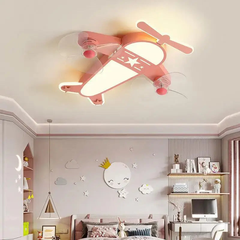 Pink airplane-shaped ceiling light with white star decals and translucent propellers for decorbites cartoon aircraft ceiling fan
