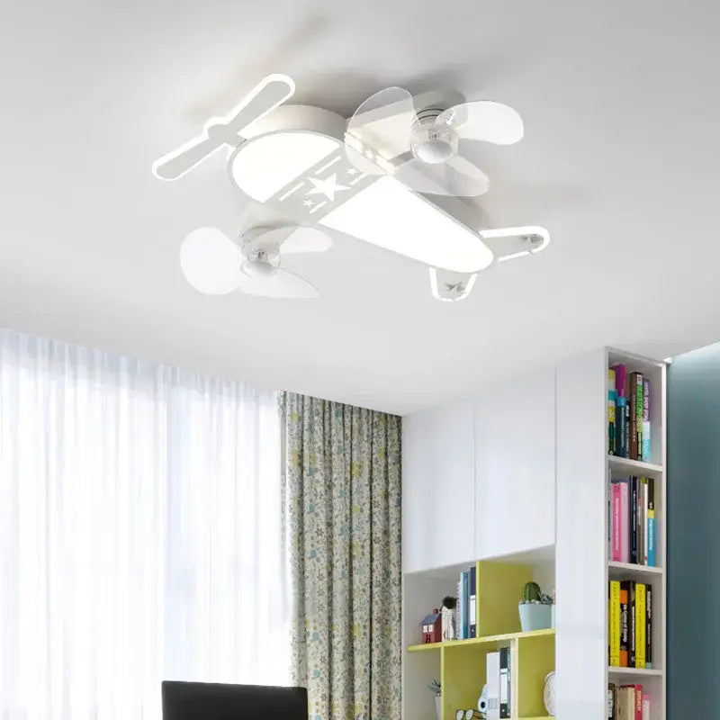 White airplane-shaped cartoon aircraft ceiling fan with illuminated blue and yellow wings for bedroom decorbites cartoon aircraft decor